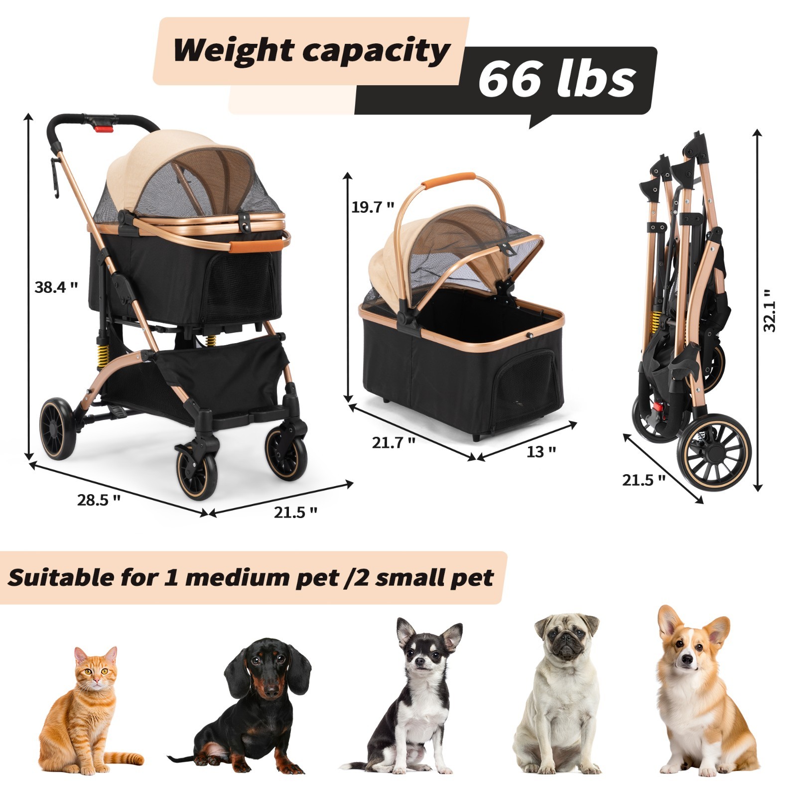 3-in-1 Foldable 4-Wheel Dog Pet Stroller Lightweight with Basket & Cup Holder