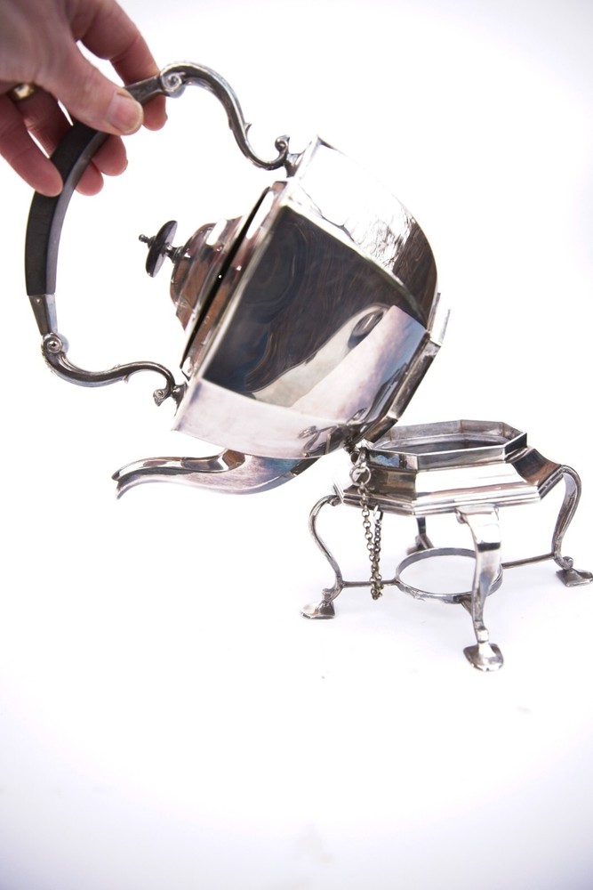 Silver-plated tilting spirit kettle, Carrington & Co