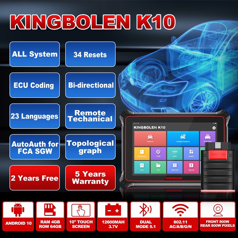 KINGBOLEN K10 10" OBD2 Scanner All System Bidirection Diagnostic Tool ECU Coding