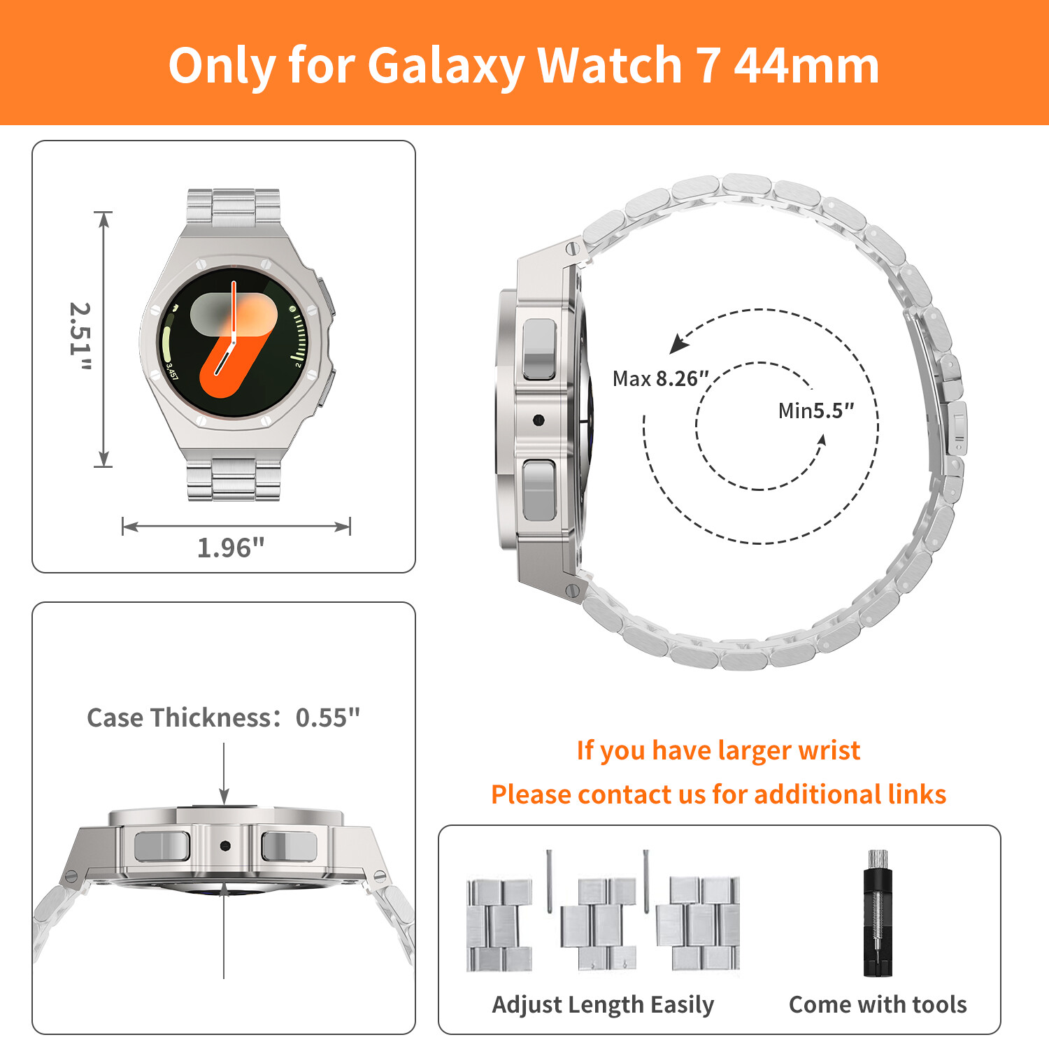 For Samsung Galaxy Watch Ultra 47mm 7 40/44mm Stainless Steel Band Case Mod Kit