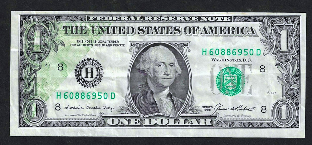1985 $1 FRN SAINT LOUIS, MO ~ OFFSET ERROR PARTIAL BACK ON FACE ~ EXTREMELY FINE
