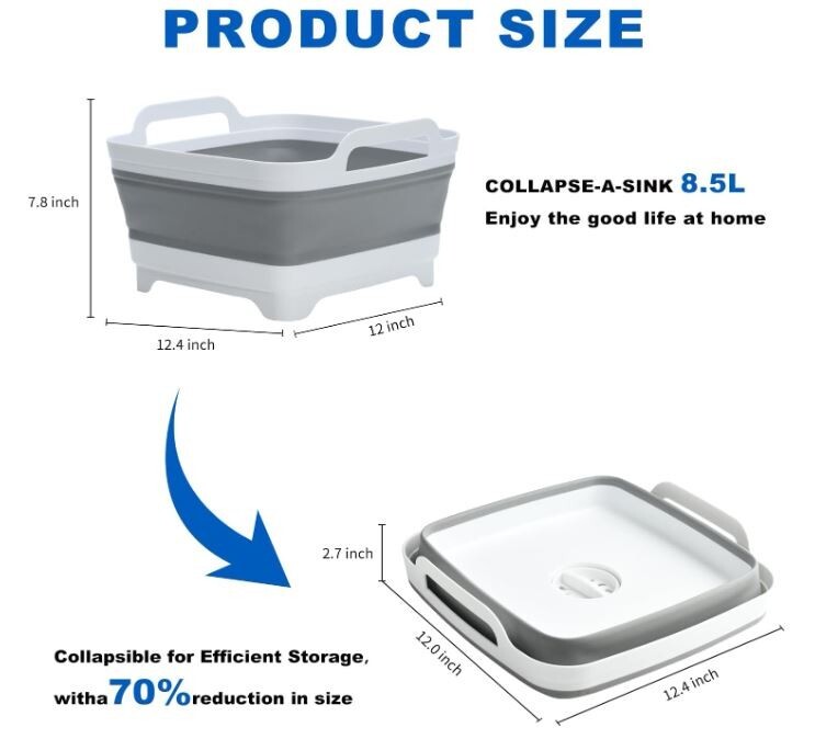 2 PACK! Gray Collapsible Sink with Drain, Wash Basin Camping Kitchen Laundry Tub