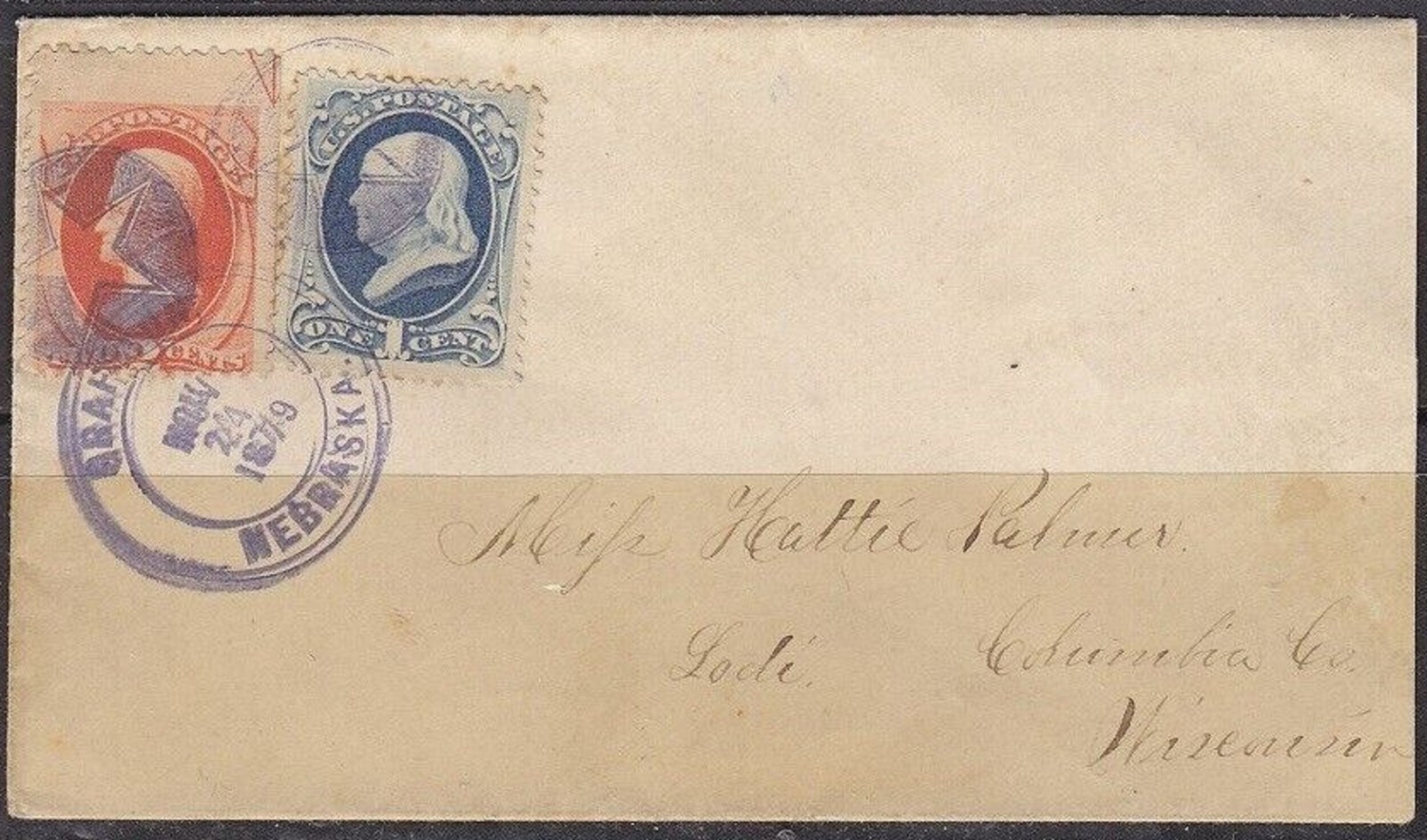 NEBRASKA FANCY CANCEL - PURPLE STAR of GRAFTON Ties 2c BN w ARROW on 1879 Cover!