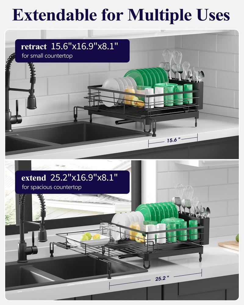 Extendable Dish Drying Rack - Rust-Resistant Dish Racks for Kitchen Counter w...
