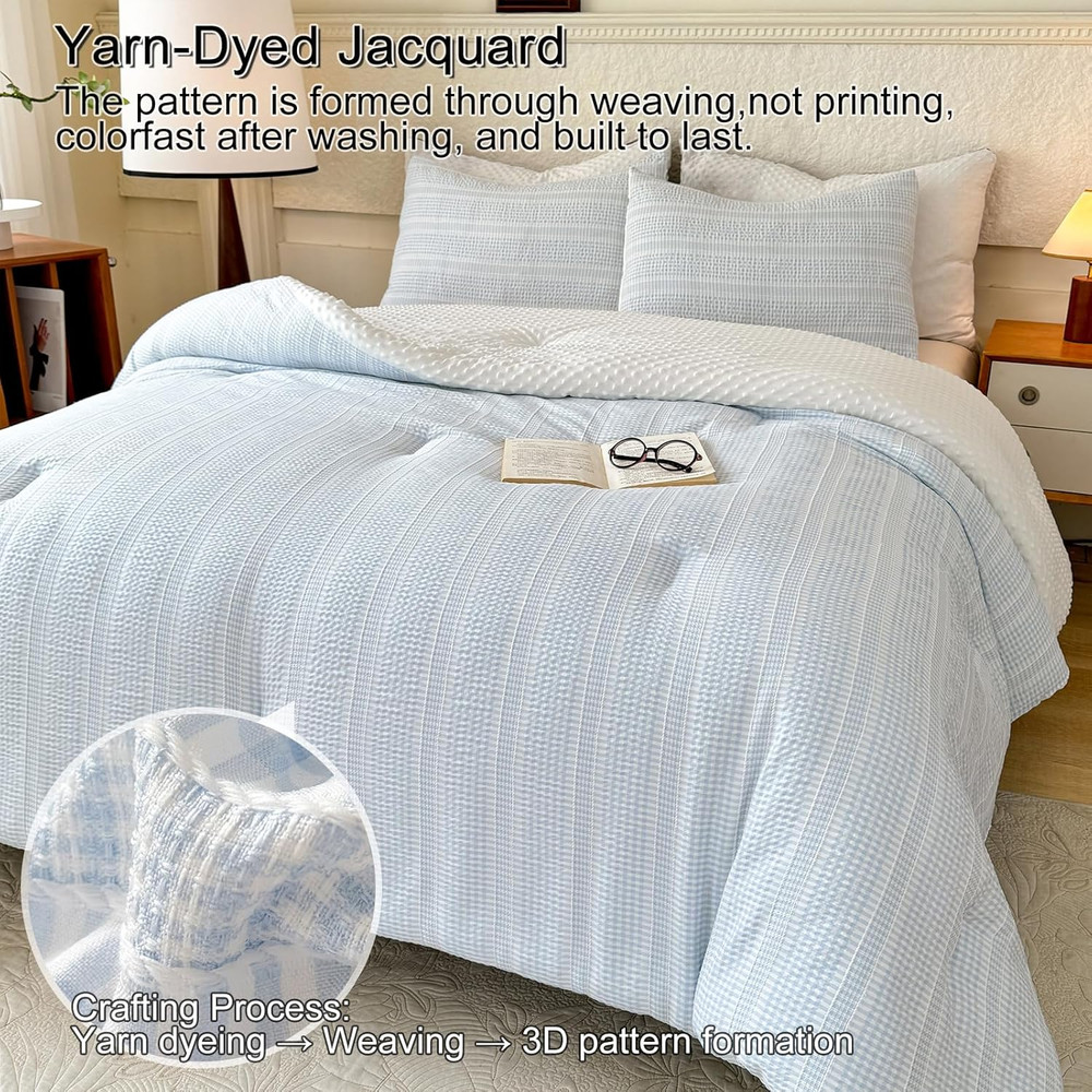 Boho Comforter Set Queen Size - 3 Pieces Lightweight Jacquard Seersucker Bedding