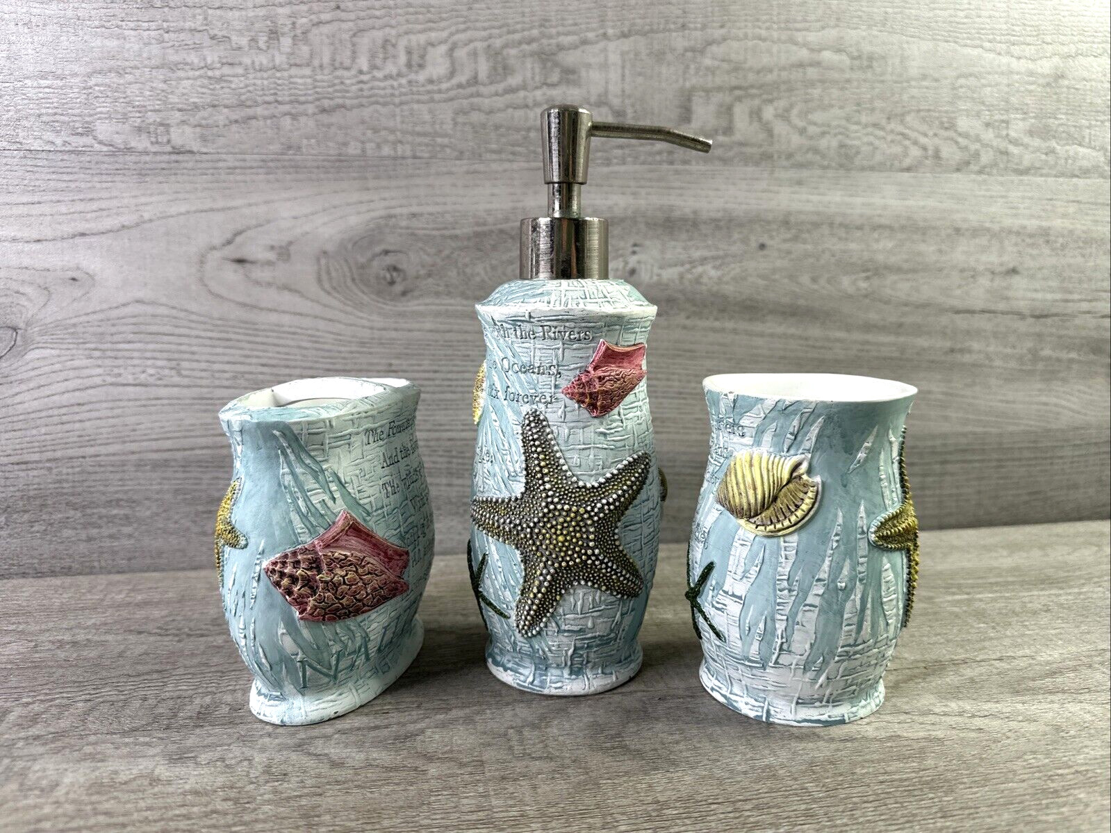 3 Piece Set Ocean Beach Theme Bathroom Soap Dispenser, Toothbrush Holder & Cup