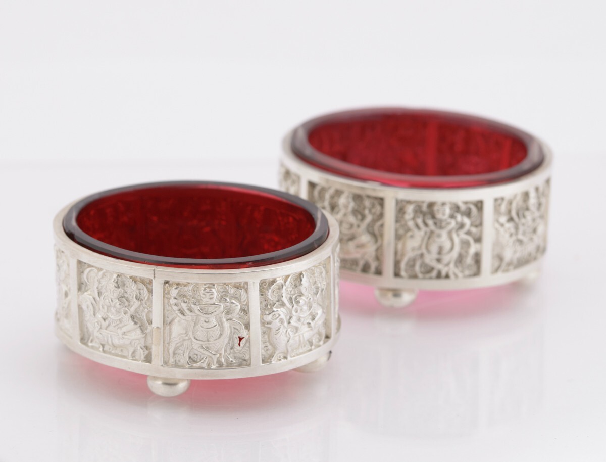 Pair Antique Victorian Sterling Silver & Cranberry Glass Salts Hallmarked 1888