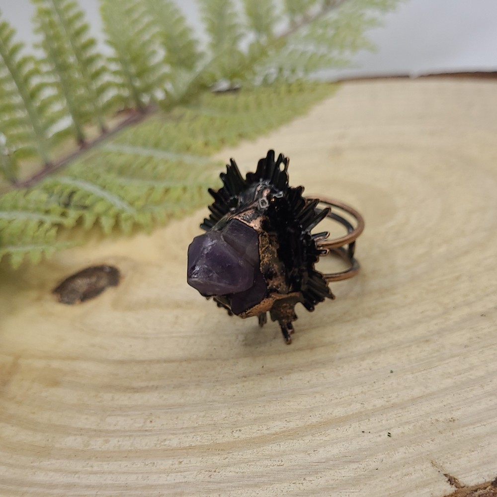 Handcrafted Bronze Cocktail Ring with Raw Amethyst Crystal Artistic Setting