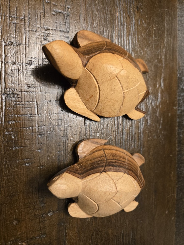 2 Hand Carved Wood Turtles