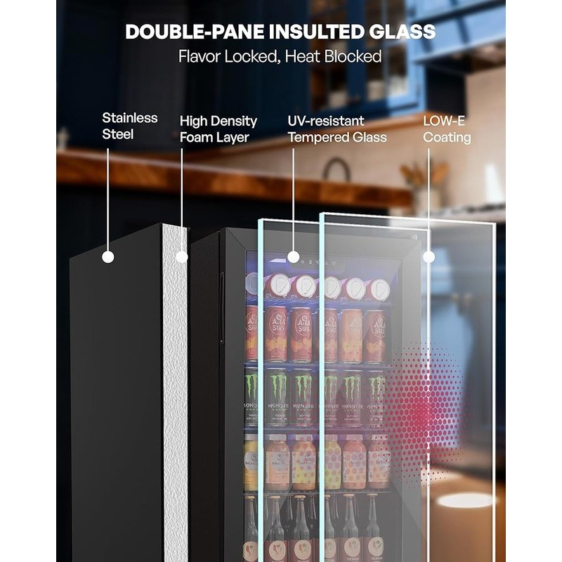 Compact Beverage Cooler 126 Can Capacity Adjustable Shelves Smart Temp Control