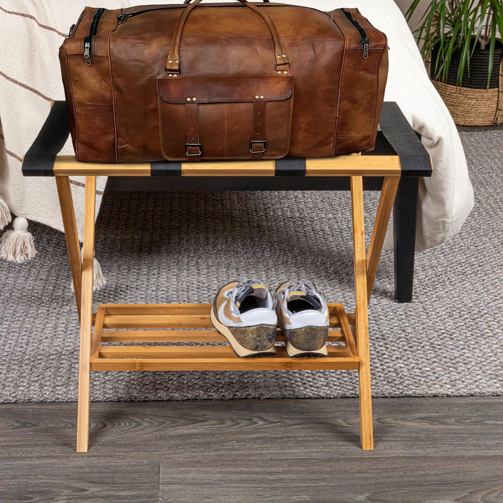 Fully Assembled Folding Luggage Rack with Lower Storage Shelf | Bamboo Frame ...