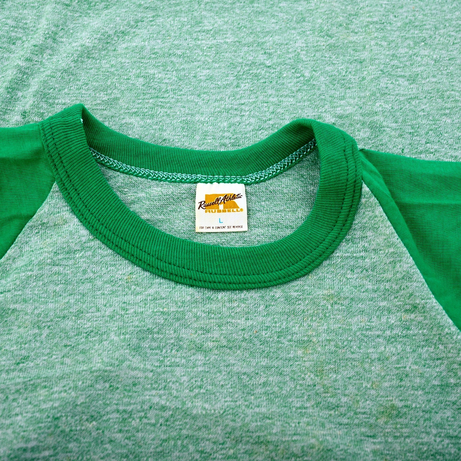 Vintage Russell Athletic Men's L Heather Green Raglan Sleeve Baseball T-shirt