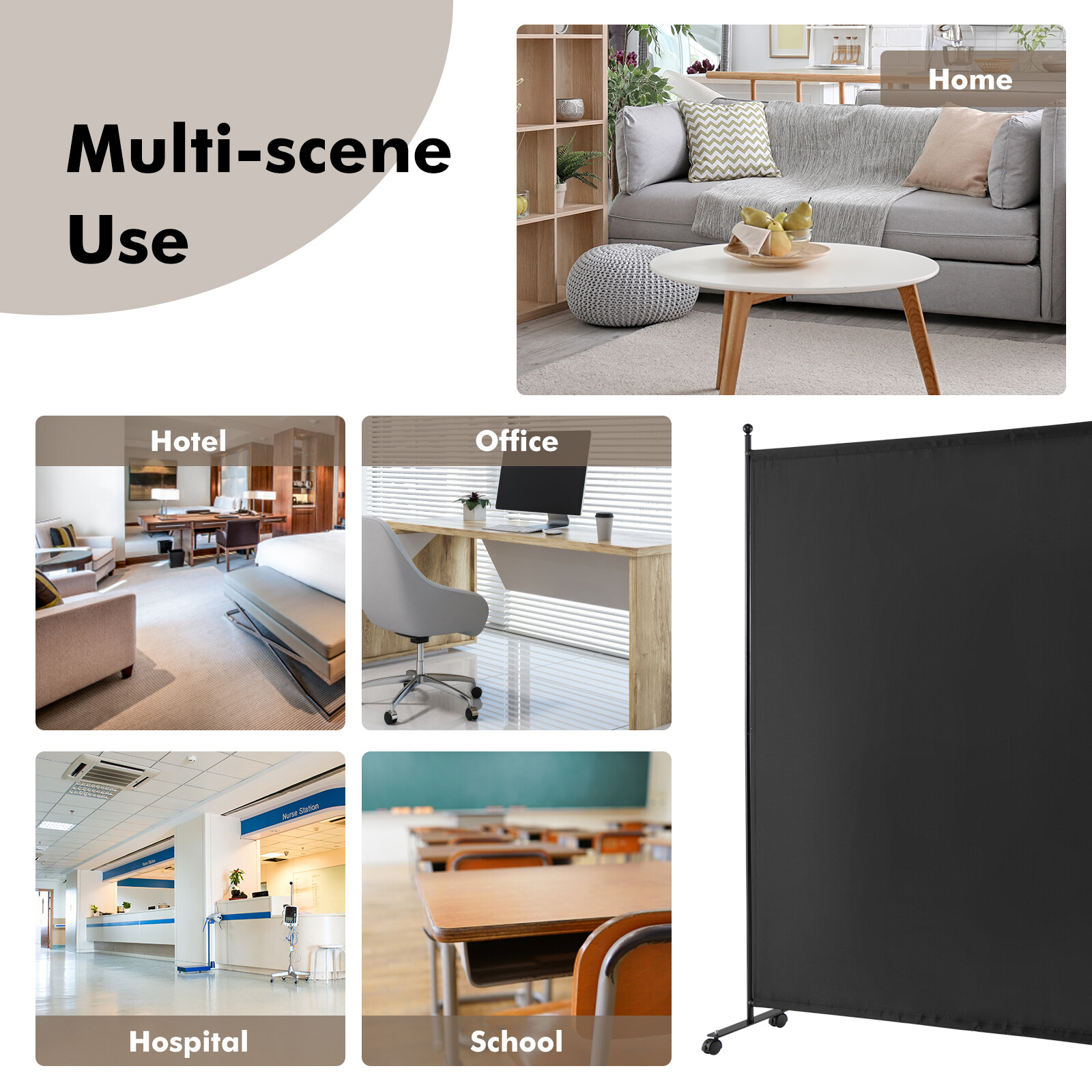 6FT Single Panel Room Divider w/ Wheels Rolling Fabric Partition Privacy Screen