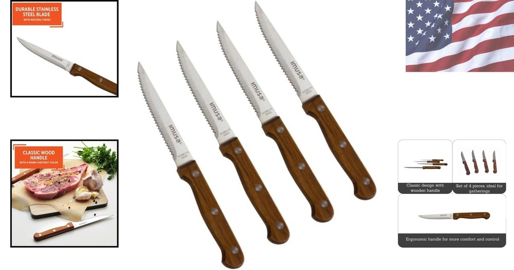 Experience Precision: 4pc Serrated Steak Knife Set with Rustic Wood Handles