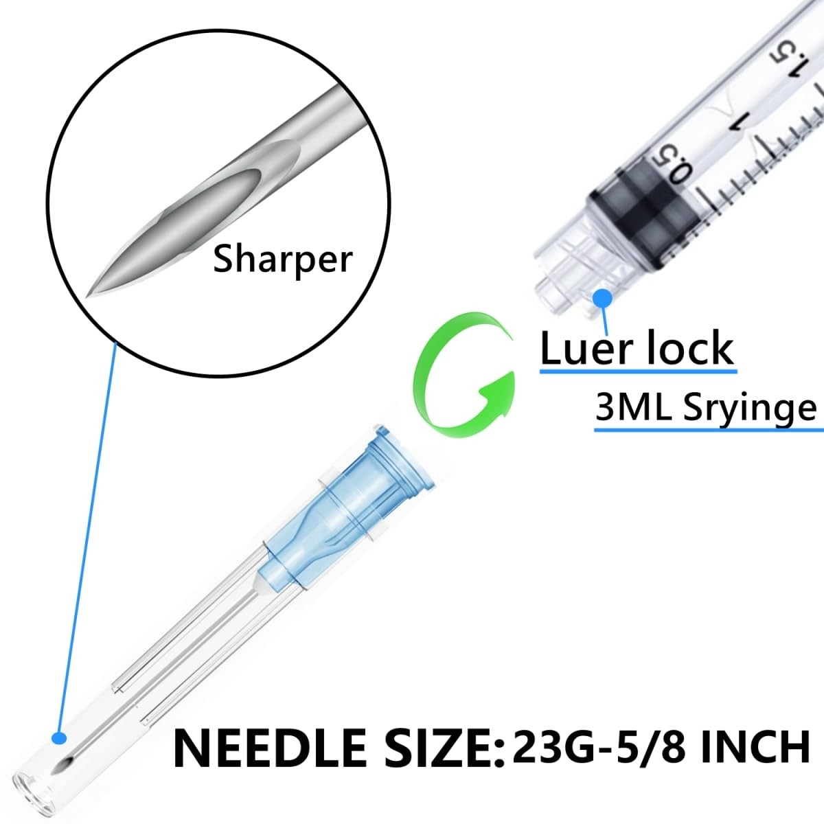 Luer lock 3ml 23Ga 5/8 Inch(15.8mm), 50 Pack Sterile Lab Utensils for clear