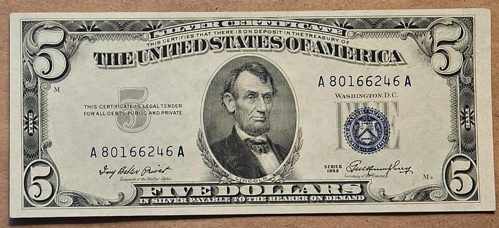 1953 $5 Silver Certificate Note Partial Offset Ink Transfer Error on Reverse