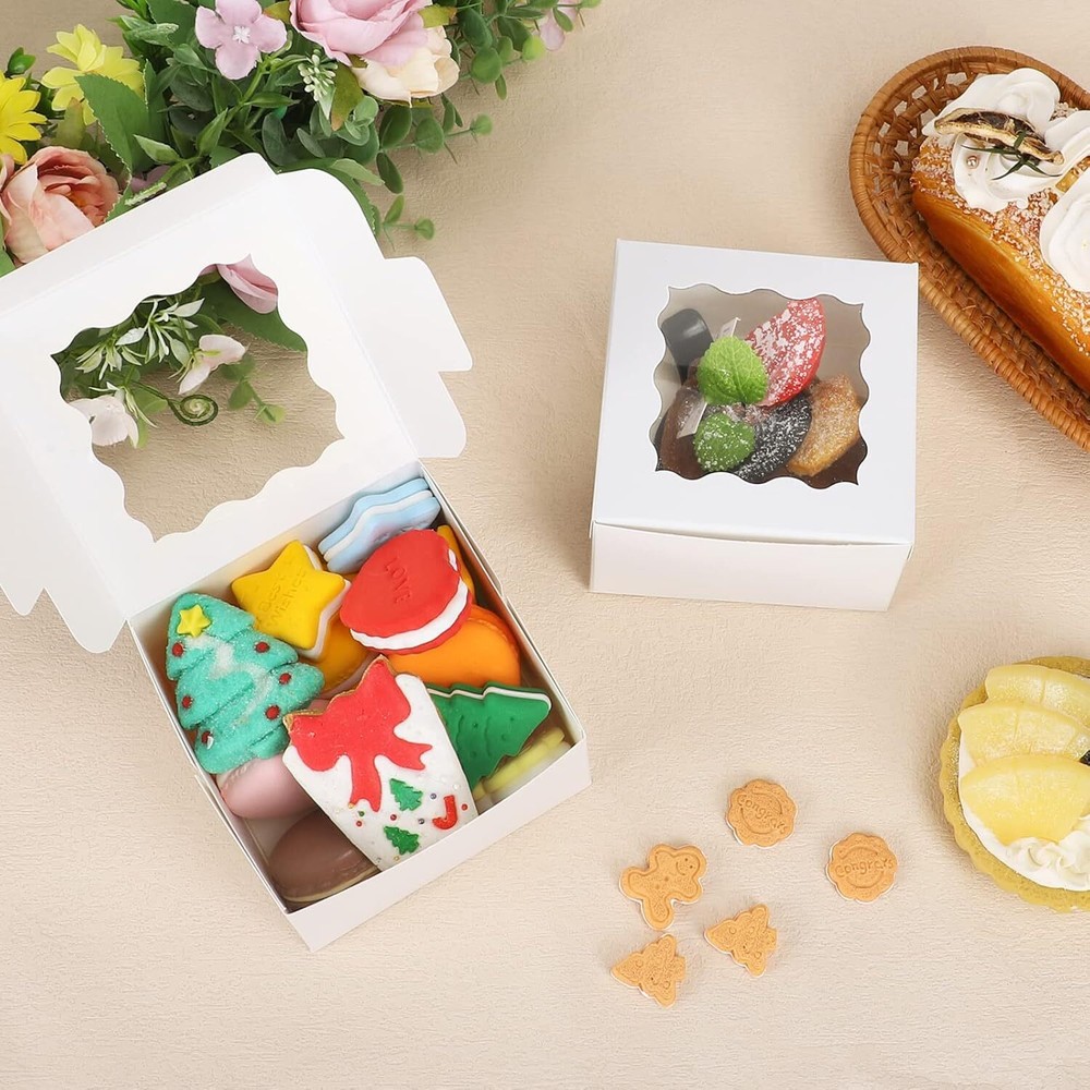 50Pcs 4"x4"x2.5" White Cookie Boxes with Window, Bakery Boxes, Small Treat Boxes