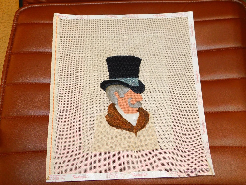 DAMARJ Needlepoint Designs CANVAS COMPLETED Dapper Mustache Man w Top Hat