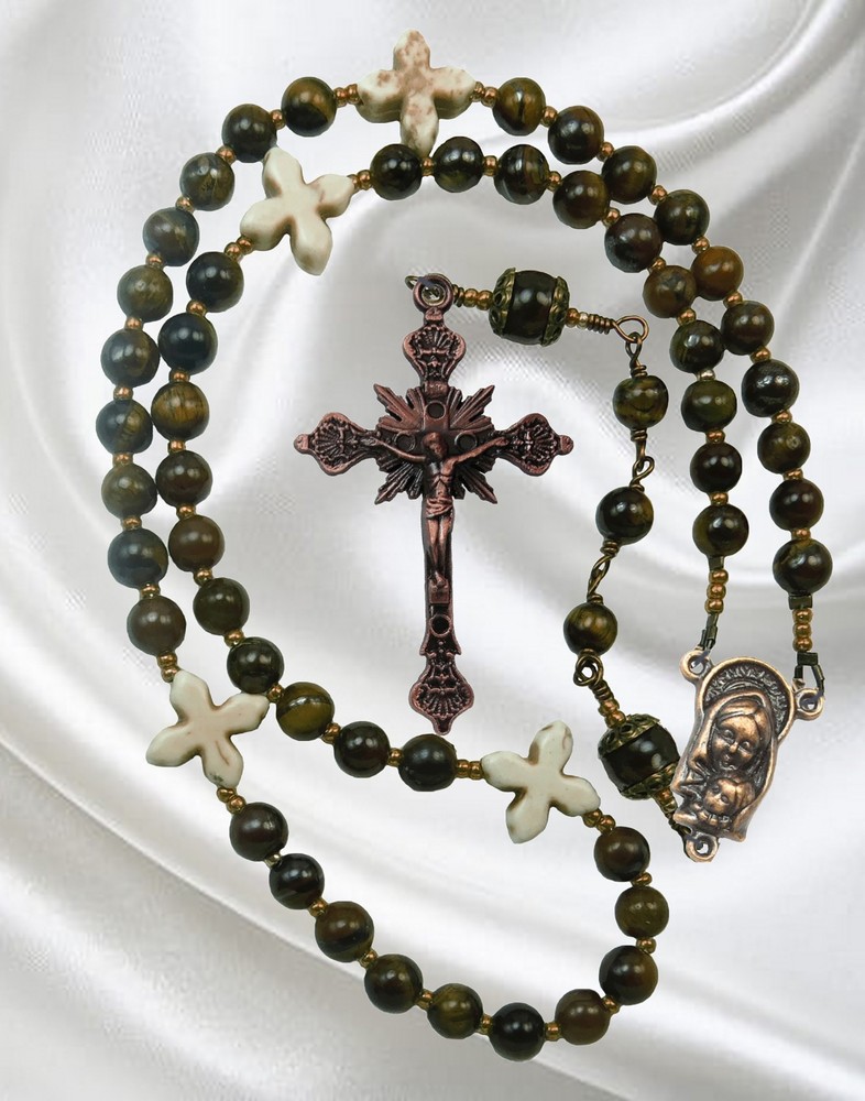 Handmade Catholic Rosary, Tiger Eye Beads and Copper Crucifix