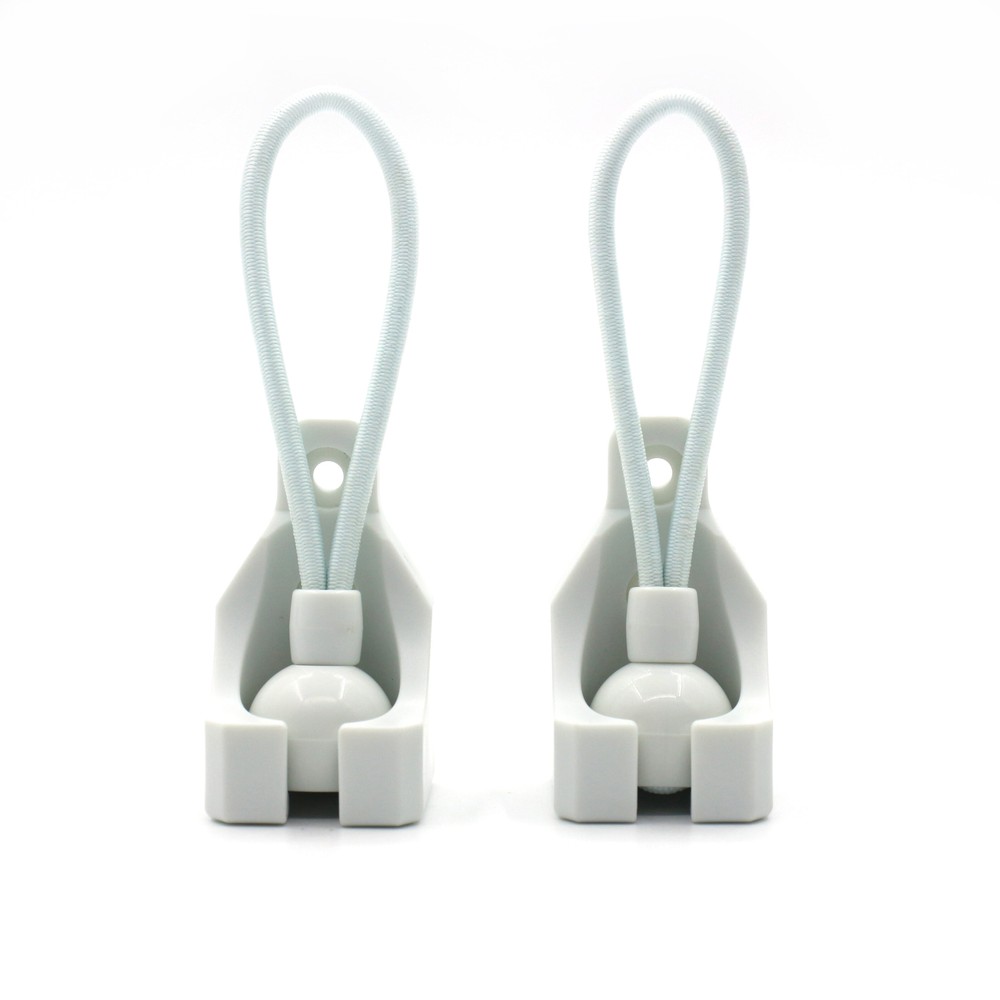Exterior roller shade bungee tie downs with square receiver bungee cords white