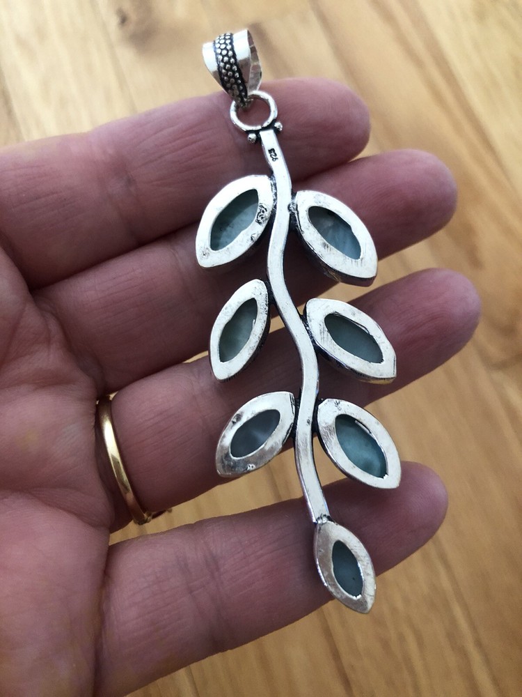 Blue Larimar Leaf Vine Pendant Long 3” Artisan Handmade