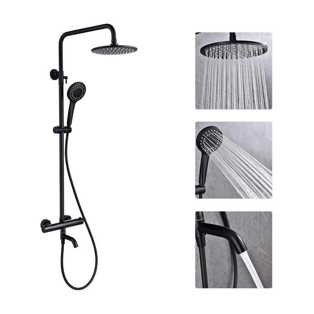 3-Function Thermostatic Shower Faucet Set 8" Round Head Shower Height Adjustable