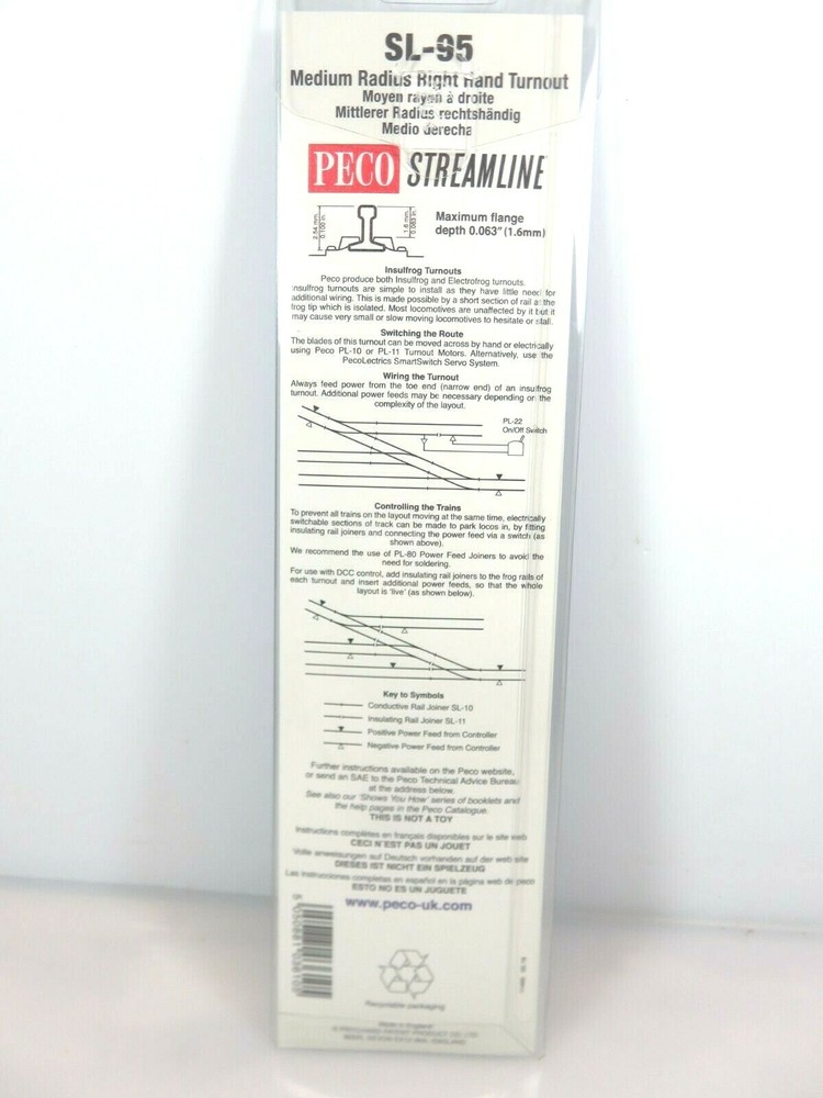 Peco Streamline HO SL95 Code 100 Insulfrog Medium Radius Turnout Right Hand