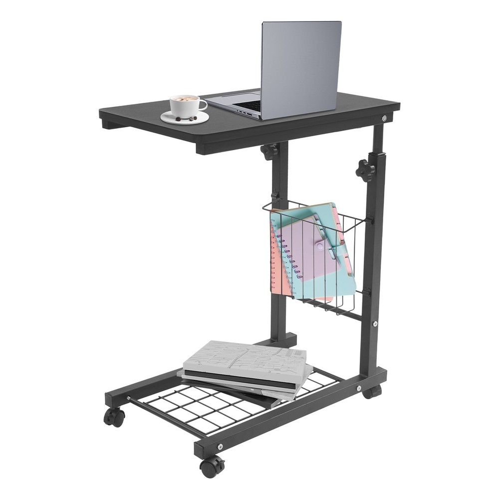 2 Tiers Adjustable Bed Side Table Black Indoor Mobile Standalone Table w/ Wheels