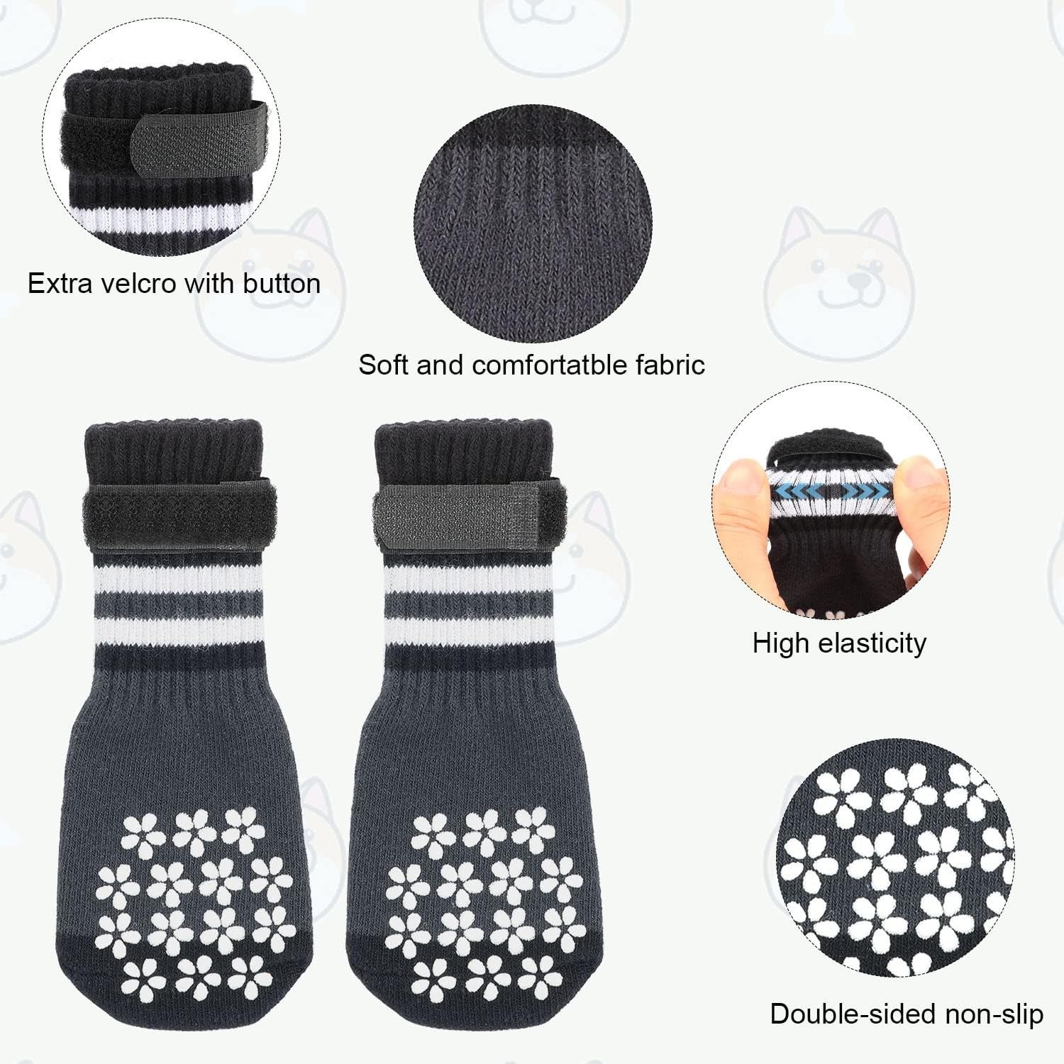 Double Side Anti-Slip Dog Socks 3 Pairs Dog Grip Socks with Adjustable Strap (M)