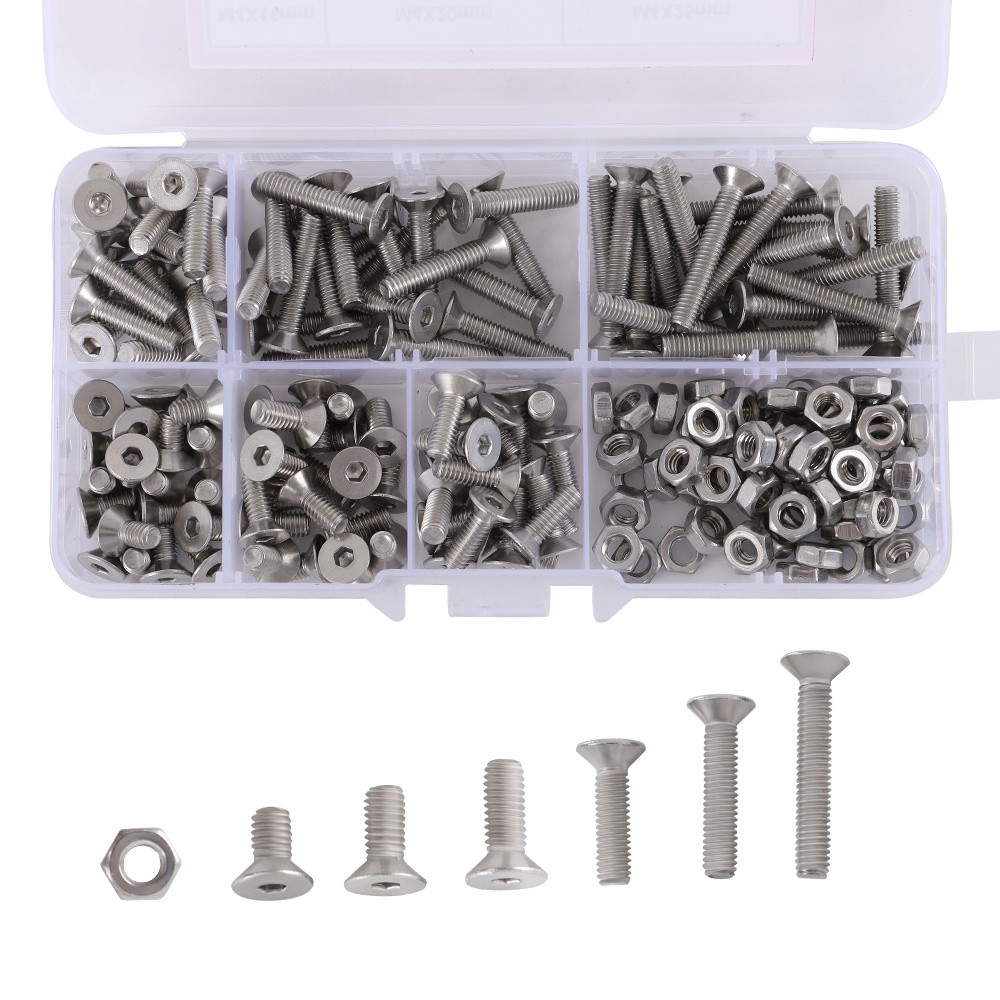 Metric M4 Hex Socket Flat Head Countersunk Bolts Screw Nut Assortment Kit 180Pcs