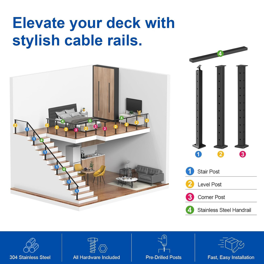 Complete Set 36" Cable Railing Post Kit, Black Surface Mount Adjustable Top Cabl