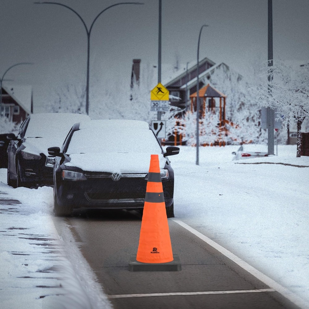 28 Inch Collapsible Traffic Safety Cones with Black Weighted Base, Constructi...