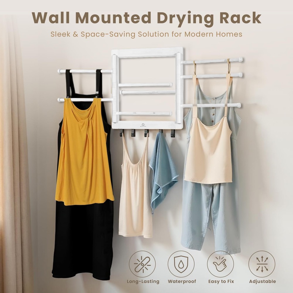 Bamboo Wall Mount Drying Rack for Laundry – Collapsible Foldable Clothes Drye...