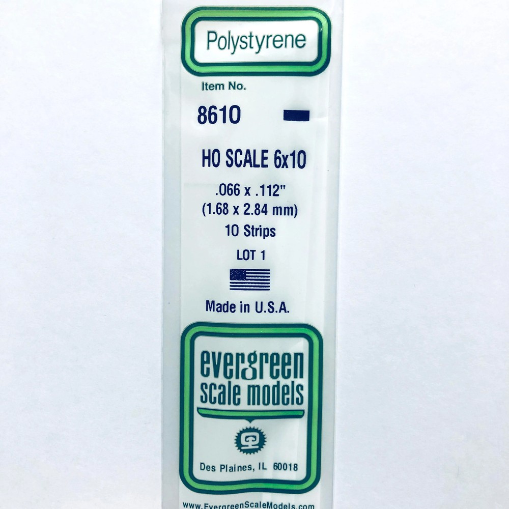 Evergreen 8610 Styrene Plastic Strips 6"x 10" HO x 14" (10)