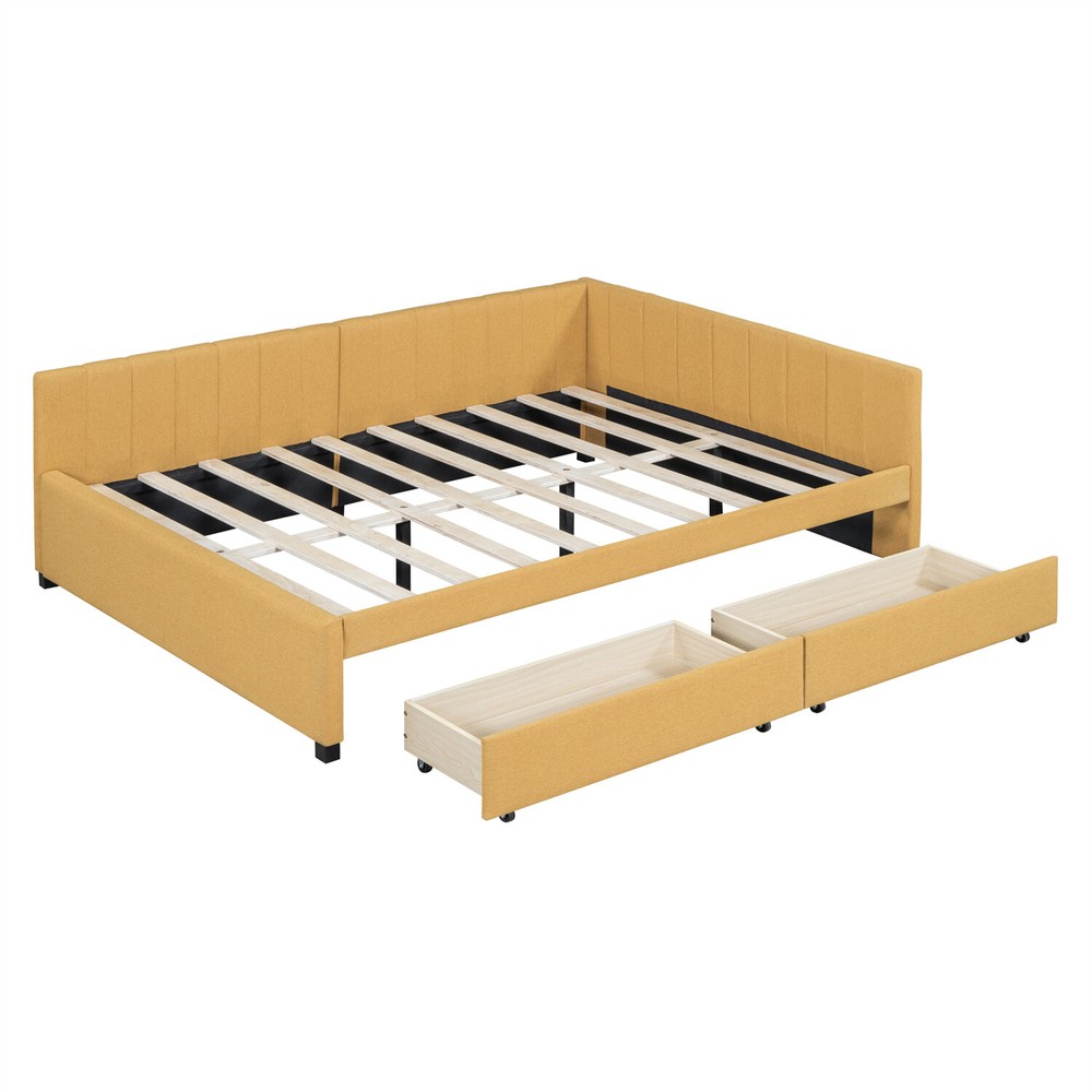 Full Size Daybed Upholstered Bed Frame Sofa Bed with 2 Storage Drawer Yellow