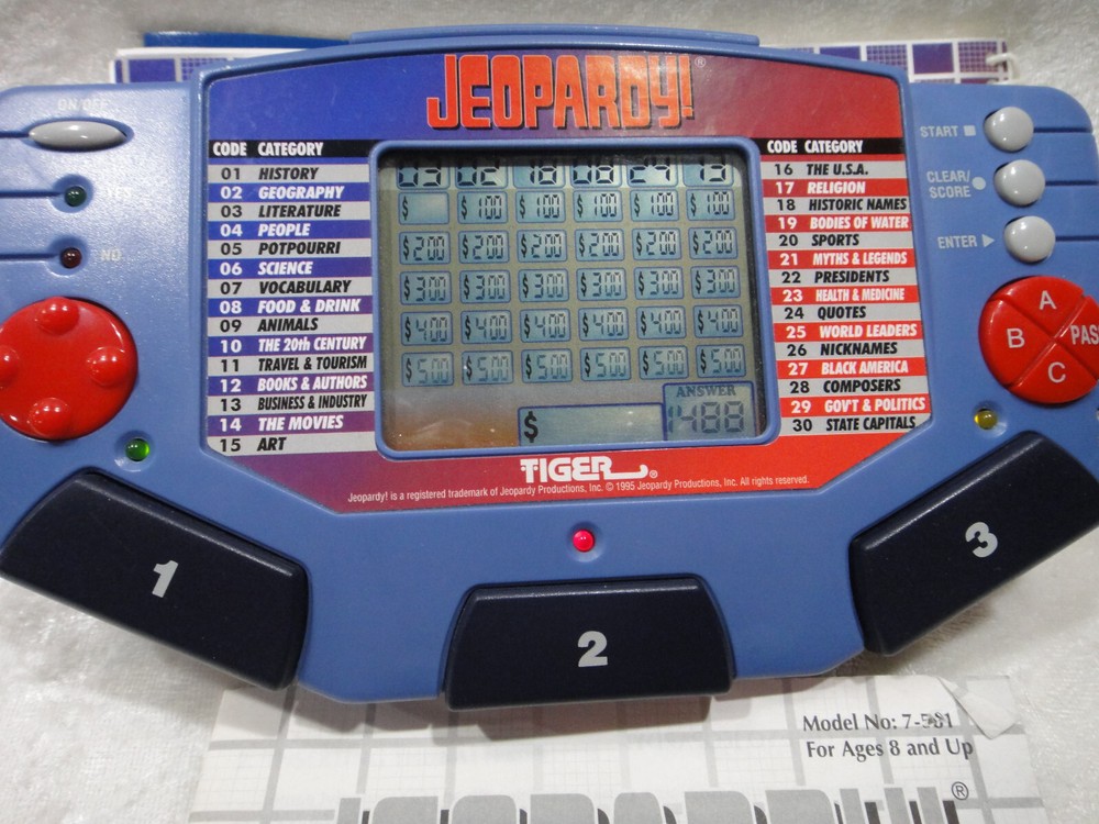 1995 Tiger Electronics JEOPARDY Handheld Game with Cartridge & Instructions