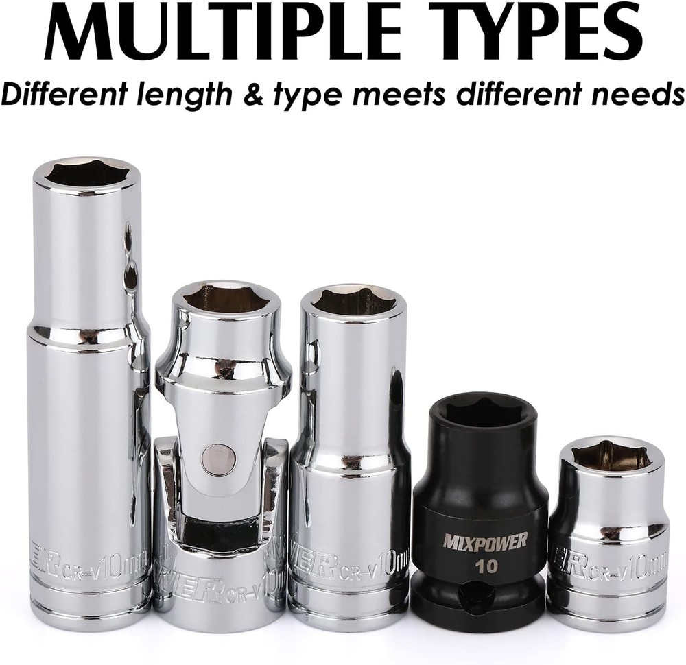 MIXPOWER 5PCS 3/8" Drive 10mm 6 Point Single Size Socket Set, 3/8Drive