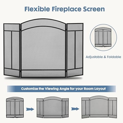 3 Panel Fireplace Screen with Hinged Doors, 48.2" Spark Guard, Wrought Iron Safe
