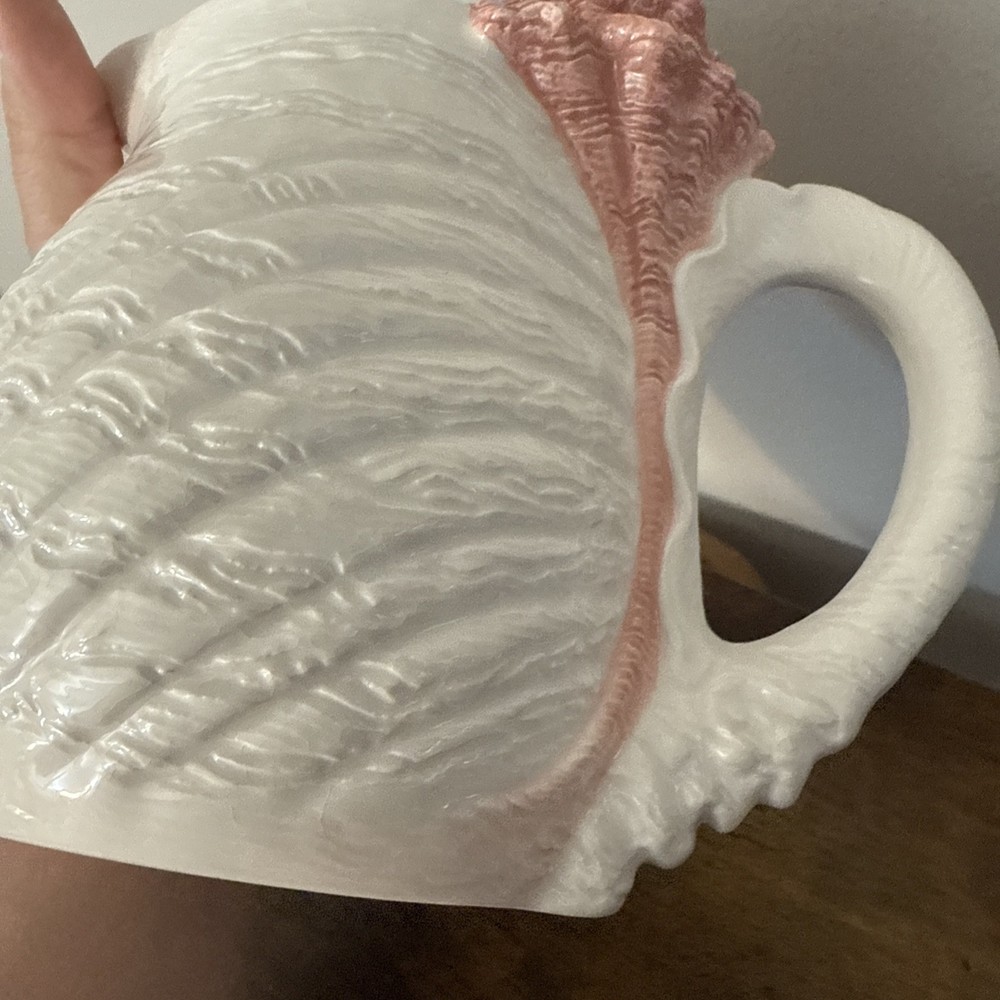 Vintage Shell Pitcher 1994 Hand painted White W/Pink Shell On Handle Approx 7”