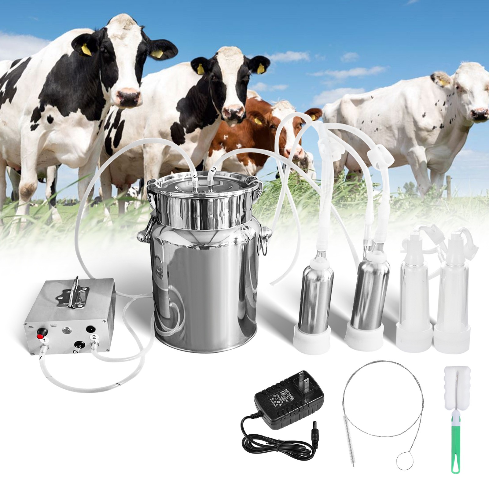 7L Portable Electric Dual Head Sheep Goat Milking Machine Cow Milker Vacuum Pump