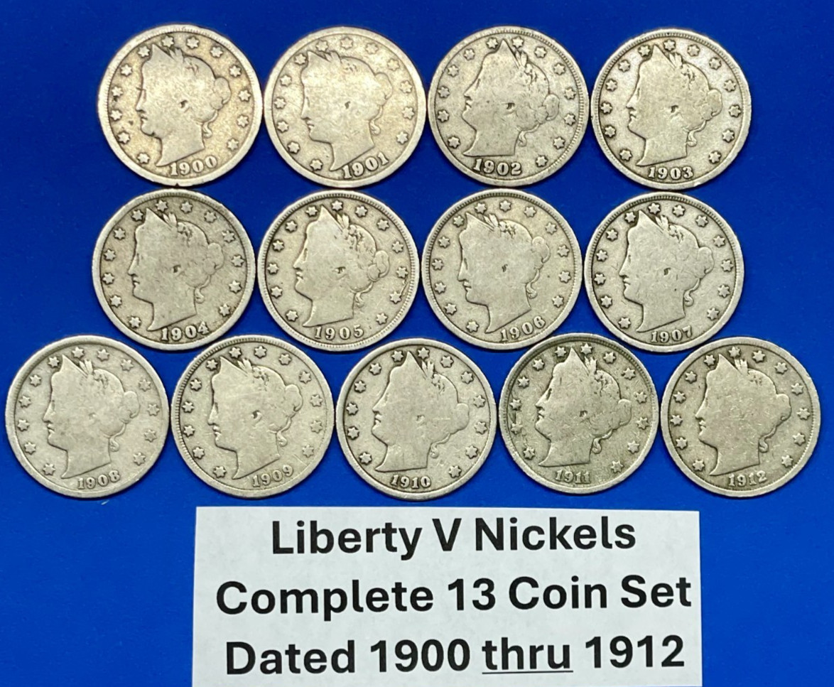 Complete Liberty V Nickels Set of 13 Consecutively Dated Coins from 1900 to 1912