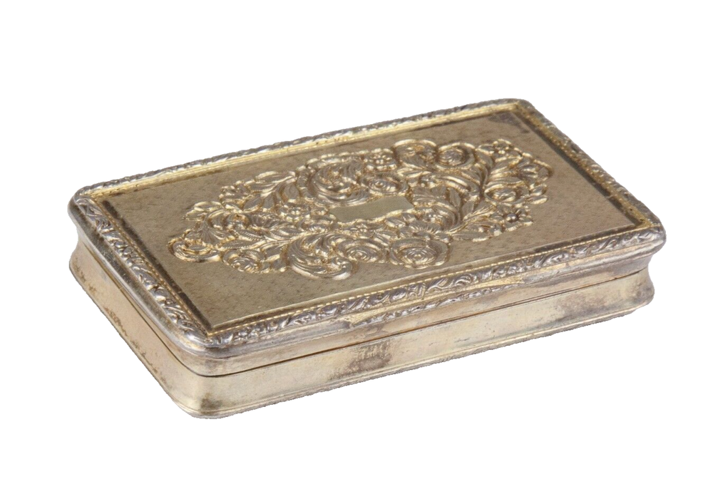 Ea. 19th c. Continental Gilt Silver Snuff Box Elaborate Repousse Floral Design