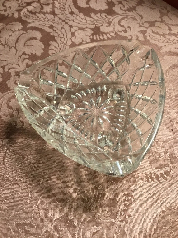 Vintage Ashtray Crystal Triangle Cut Etchings Ashtray