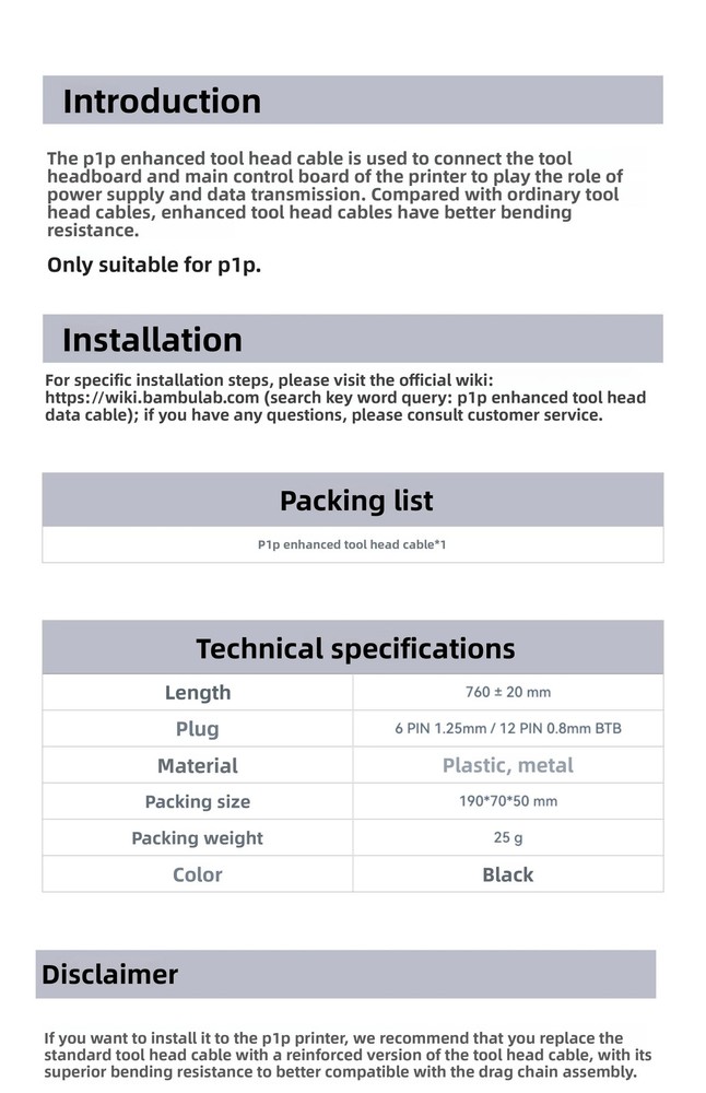 original for Bambu Lab P1S 3D Printer Enhanced Tool Head Data Cable