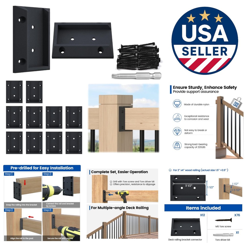 Sturdy 12Pc Bracket Kit for 2x4 Deck Railings - Includes 76 Screws & Driver Bit