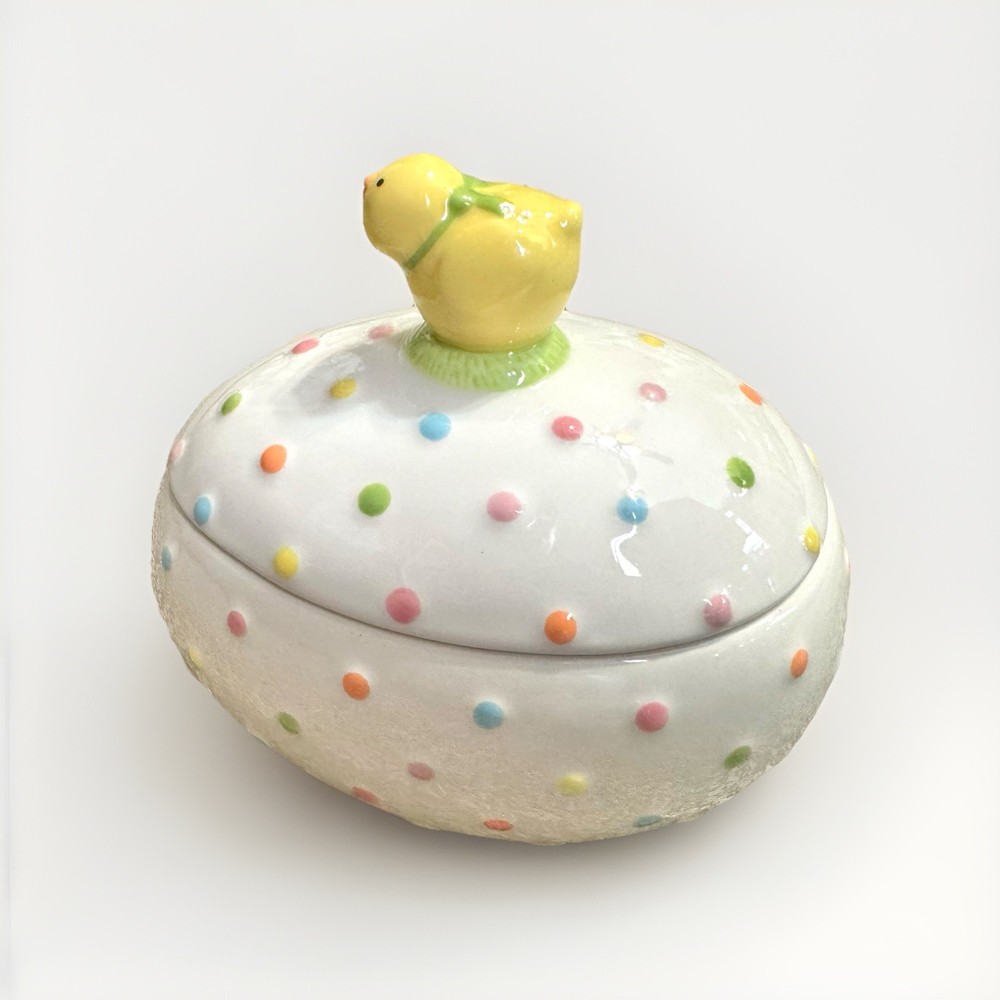 Hallmark Easter chick on egg bowl with lid polka dot Rare