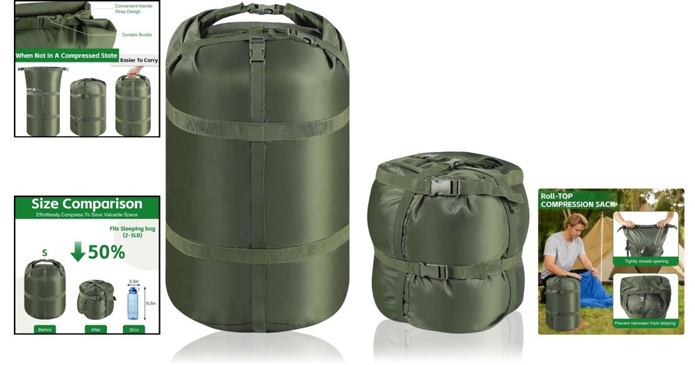 Nylon Compression Stuff Sack, 15L/27L/45L Lightweight Sleeping Bag Compre...