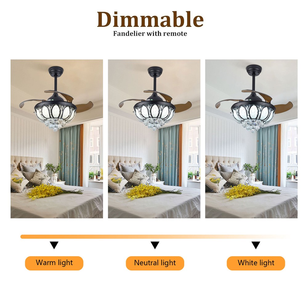 Retractable Fan Ceiling Light K9 Crystal 3color Ceiling Fan Light Remote Control