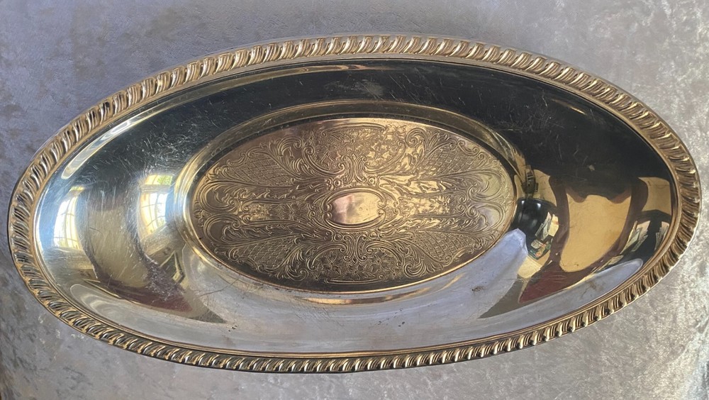 Crosby Silver Plated Oval Bread Tray Etched Pattern 12 1/2"