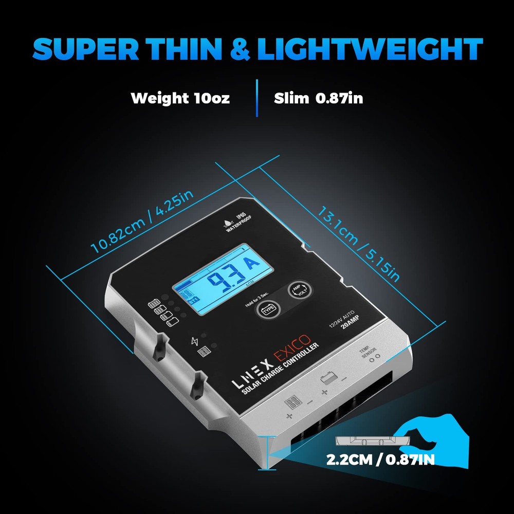 LNEX Solar Charge Controller Waterproof 20A Thin Panel Battery Regulator 12V 24V